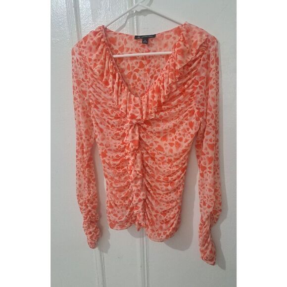 Inc Womens Medium Tulle Ruched Coral Plunge Neck Top Stretch Mesh - Picture 2 of 8